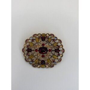 Monet Vintage Tiger Eye Victorian Style Brooch Cabochon Rhinestone Bronze Tone